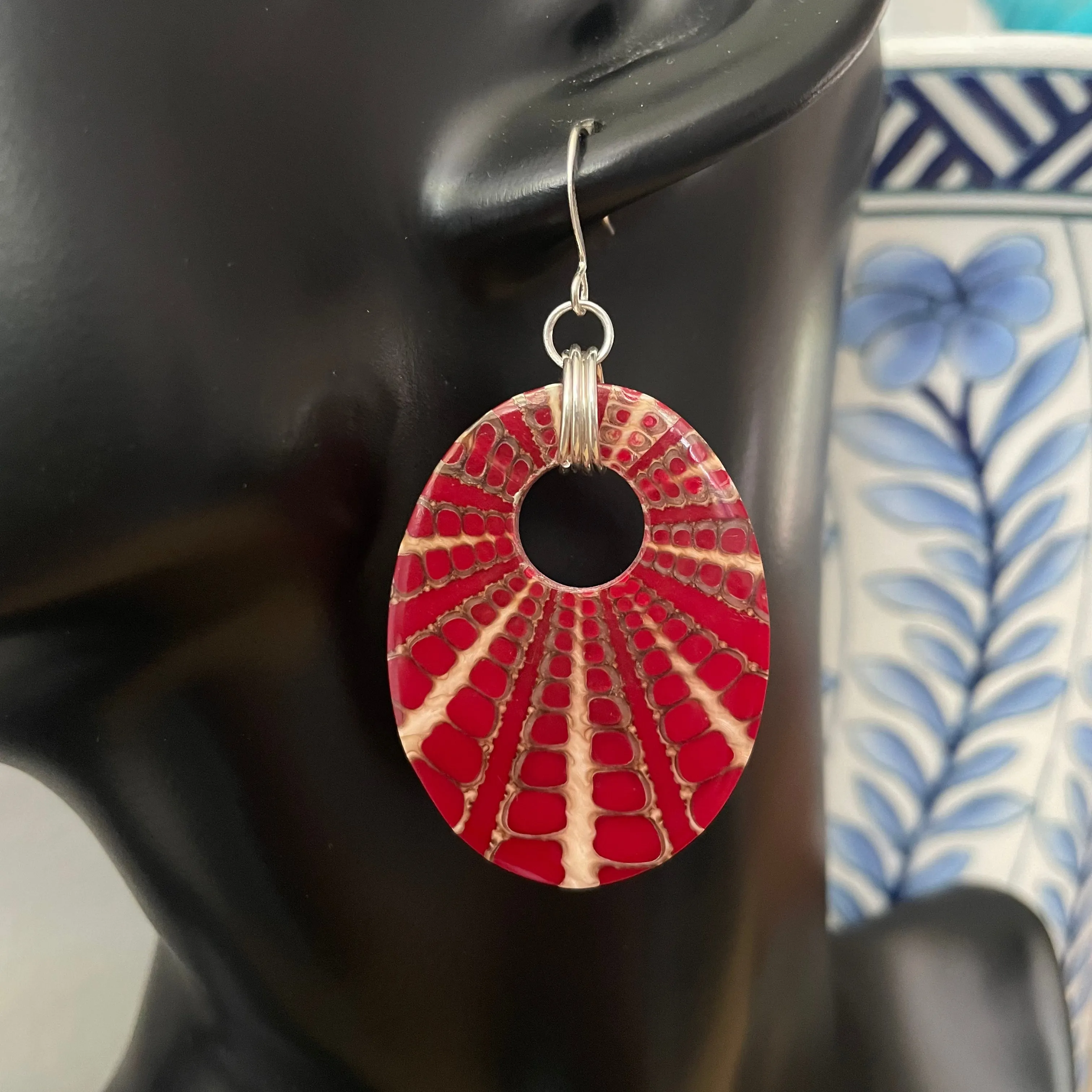 Red & Cream Acrylic Faux Shell Statement Earrings 2" Geometric Pattern Bold Colorful Women Gift Everyday Fashion Handmade Jewelry