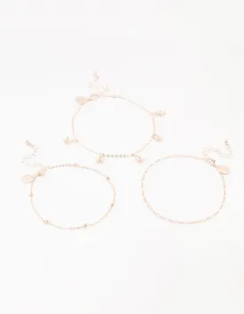 Rose Gold Figaro Diamante Flower Anklets 3-Pack