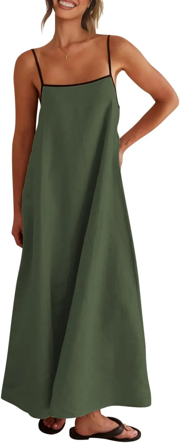 Shy Velvet Women's 2025 Summer Linen Maxi Dress Contrast Spaghetti Strap Dress Backless Sleeveless Casual Party Beach Dresses