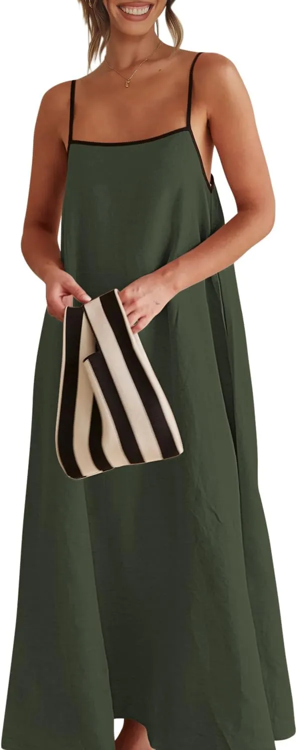 Shy Velvet Women's 2025 Summer Linen Maxi Dress Contrast Spaghetti Strap Dress Backless Sleeveless Casual Party Beach Dresses