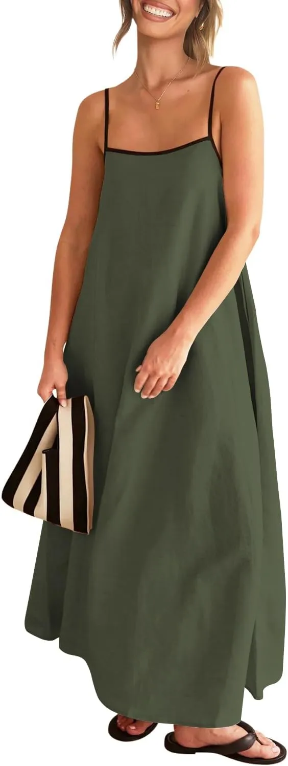 Shy Velvet Women's 2025 Summer Linen Maxi Dress Contrast Spaghetti Strap Dress Backless Sleeveless Casual Party Beach Dresses