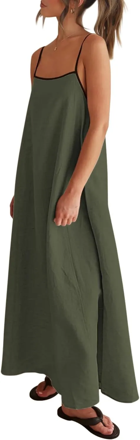 Shy Velvet Women's 2025 Summer Linen Maxi Dress Contrast Spaghetti Strap Dress Backless Sleeveless Casual Party Beach Dresses