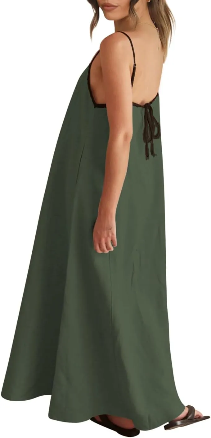 Shy Velvet Women's 2025 Summer Linen Maxi Dress Contrast Spaghetti Strap Dress Backless Sleeveless Casual Party Beach Dresses