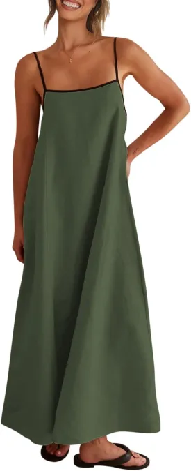 Shy Velvet Women's 2025 Summer Linen Maxi Dress Contrast Spaghetti Strap Dress Backless Sleeveless Casual Party Beach Dresses