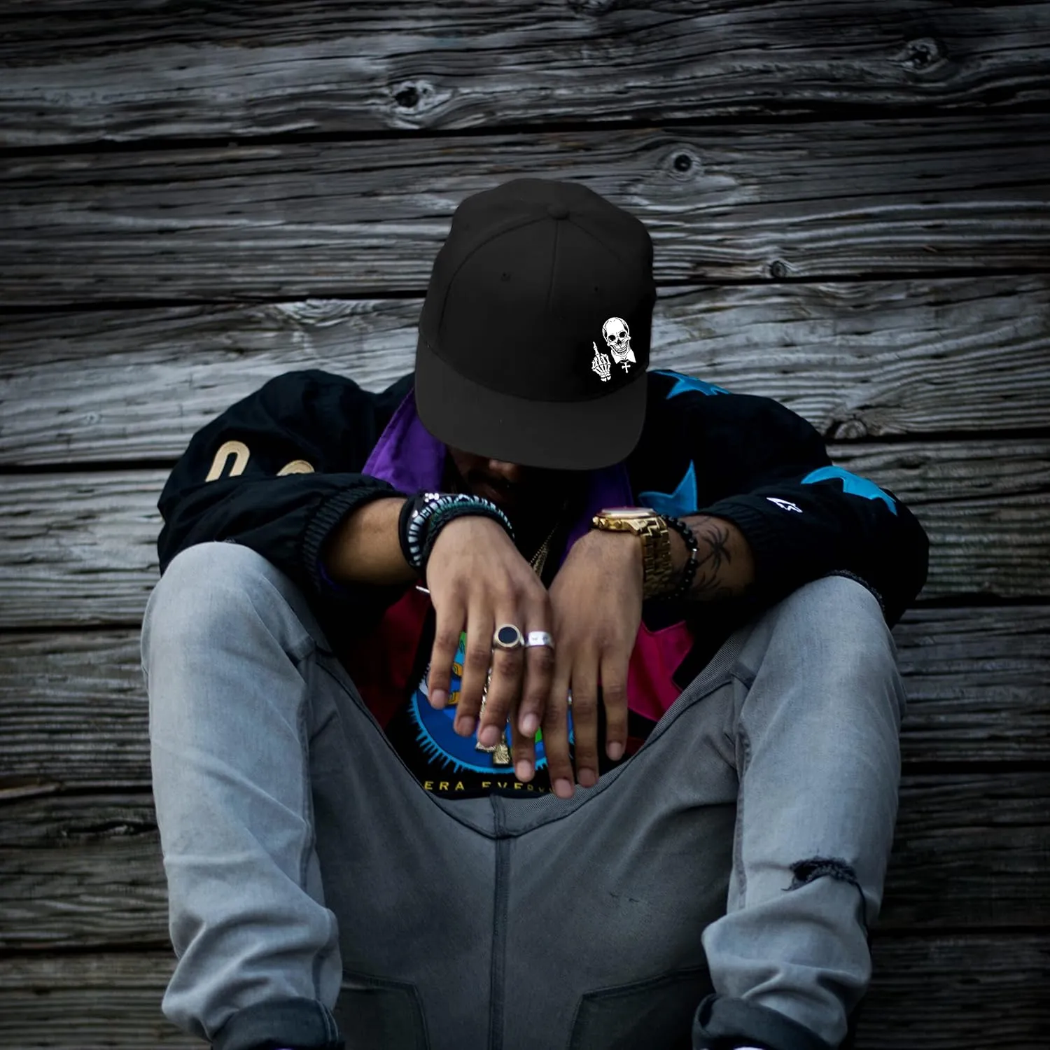 Skull Hat Flat Bill Hats for Men Boys Skeleton Cap USA American Flag Black Mens Snapback Hats Flat Brim Snap Backpack