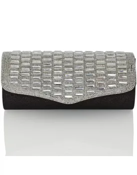 TALITHA DIAMANTE RHINESTONE SPARKLY MIRROR EVENING CLUTCH BAG IN BLACK GLITTER