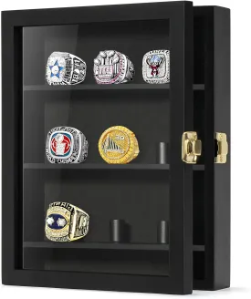 TJ.MOREE Championship Ring Display Case, 9 Posts Baseball & MoreDisplay Case, 8x10 Wall Mount Wooden Glass Shadow Box with Locks - Black