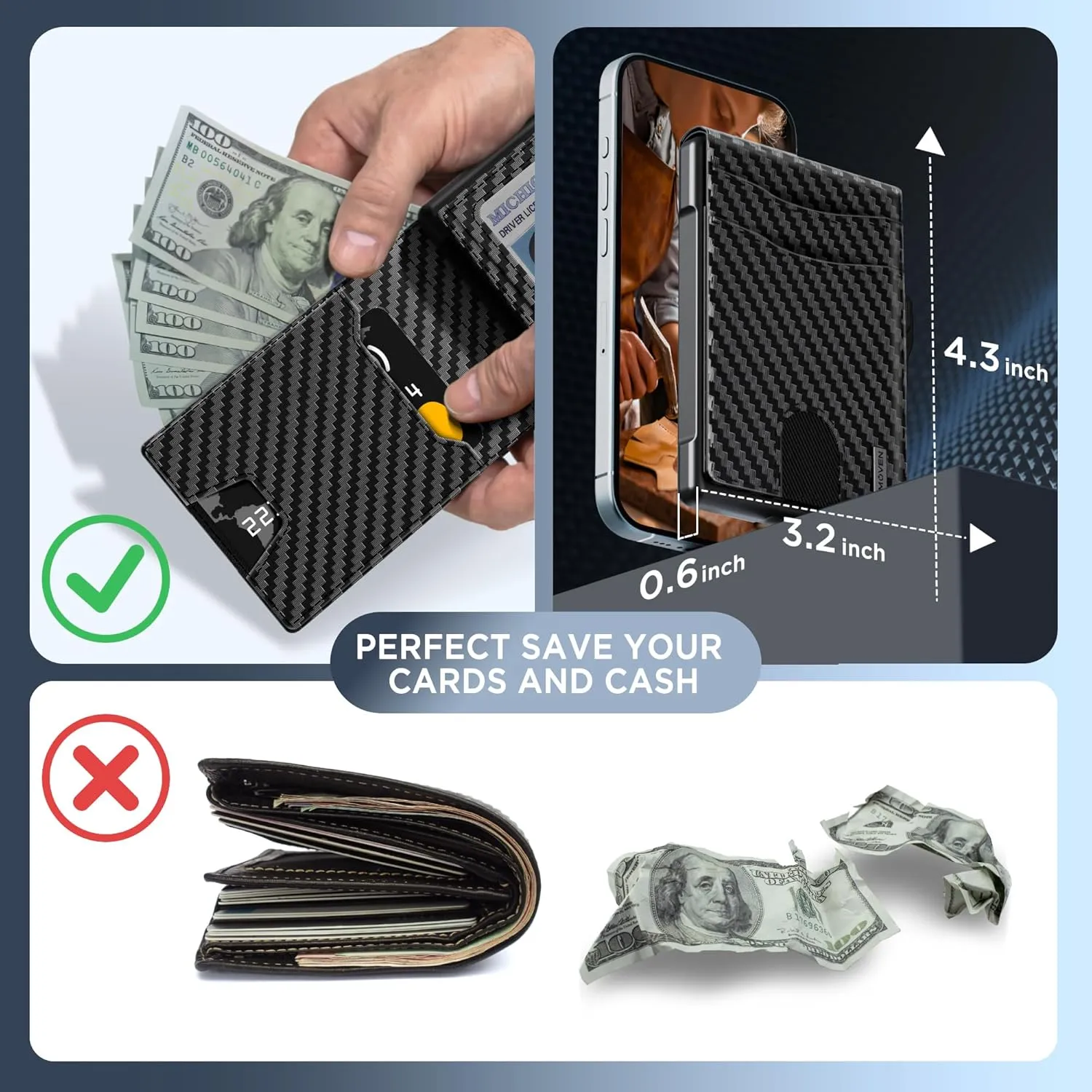 umoven Wallet for Men - Pop Up Case, Cash Slot, and Credit Card Slot - Slim Aluminum Wallet with RFID Blocking, Minimalist Leather Wallet Front Pocket with ID Window (Carbon Fiber)