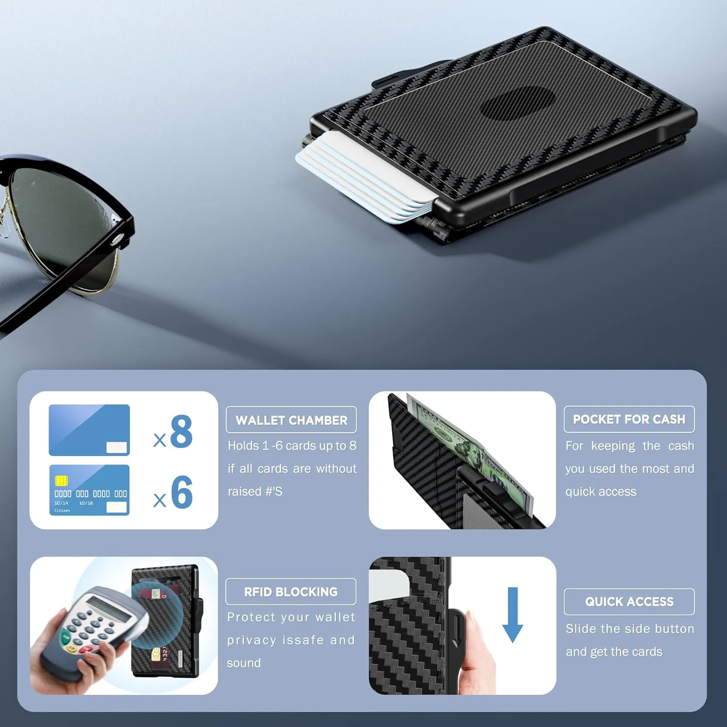 umoven Wallet for Men - Pop Up Case, Cash Slot, and Credit Card Slot - Slim Aluminum Wallet with RFID Blocking, Minimalist Leather Wallet Front Pocket with ID Window (Carbon Fiber)