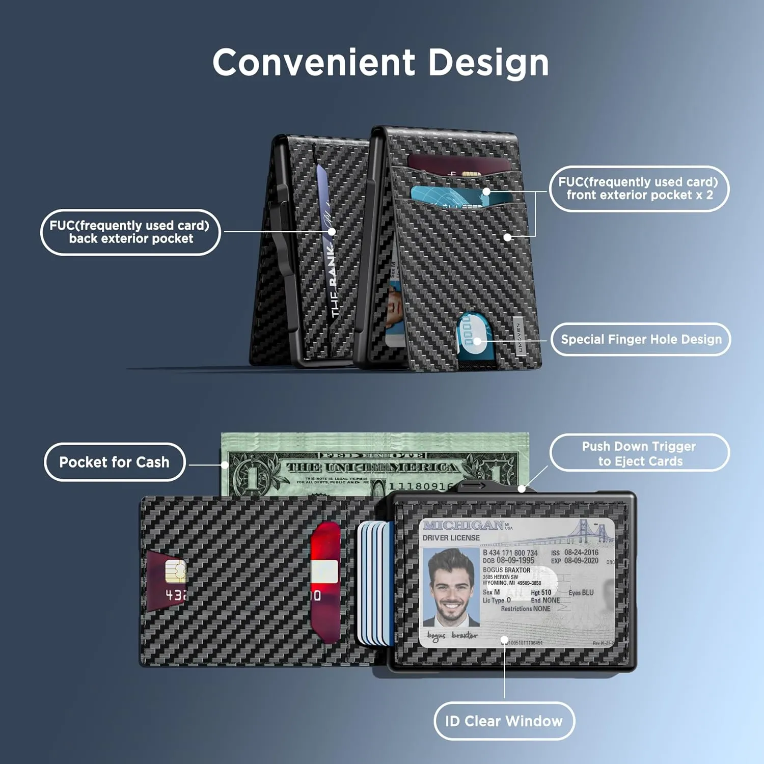umoven Wallet for Men - Pop Up Case, Cash Slot, and Credit Card Slot - Slim Aluminum Wallet with RFID Blocking, Minimalist Leather Wallet Front Pocket with ID Window (Carbon Fiber)