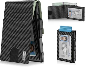 umoven Wallet for Men - Pop Up Case, Cash Slot, and Credit Card Slot - Slim Aluminum Wallet with RFID Blocking, Minimalist Leather Wallet Front Pocket with ID Window (Carbon Fiber)
