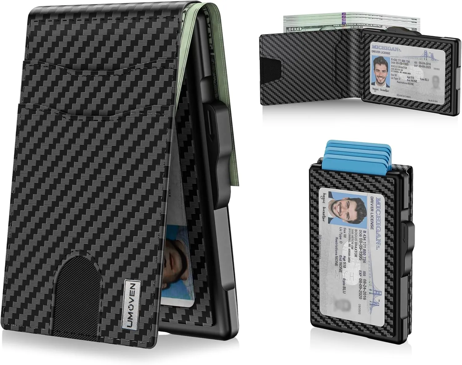 umoven Wallet for Men - Pop Up Case, Cash Slot, and Credit Card Slot - Slim Aluminum Wallet with RFID Blocking, Minimalist Leather Wallet Front Pocket with ID Window (Carbon Fiber)