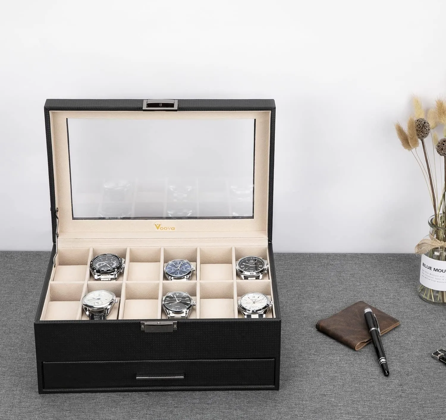Voova Jewelry Box Organizer for Men Women, 2 Layer Large 12 Slot PU Leather Watch Storage Case, Glass Top Jewelry Display Holder for Watches Sunglasses Rings Necklaces Bracelets,Black