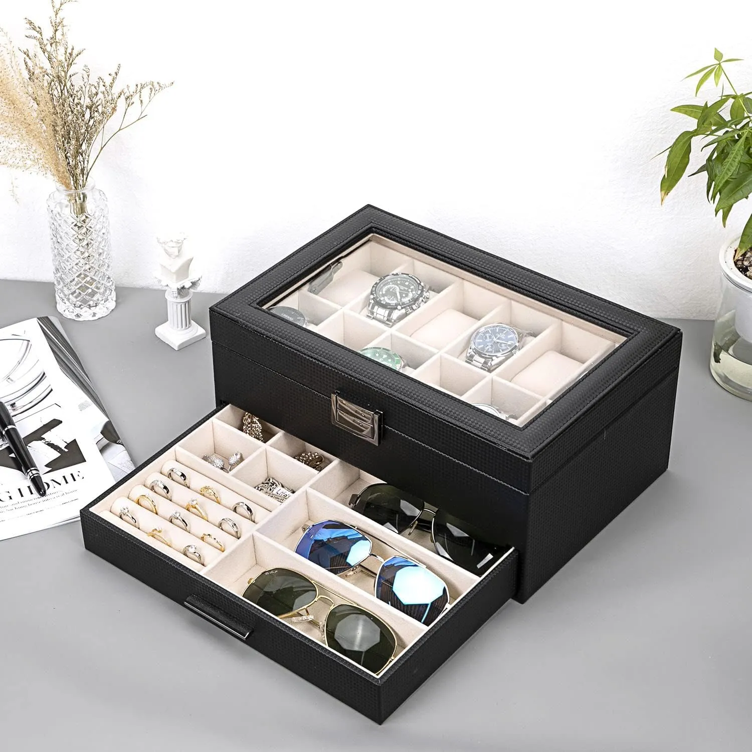 Voova Jewelry Box Organizer for Men Women, 2 Layer Large 12 Slot PU Leather Watch Storage Case, Glass Top Jewelry Display Holder for Watches Sunglasses Rings Necklaces Bracelets,Black