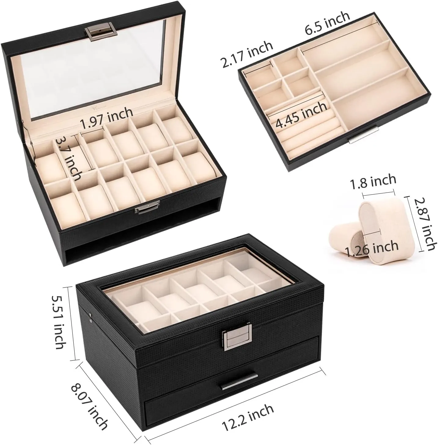 Voova Jewelry Box Organizer for Men Women, 2 Layer Large 12 Slot PU Leather Watch Storage Case, Glass Top Jewelry Display Holder for Watches Sunglasses Rings Necklaces Bracelets,Black