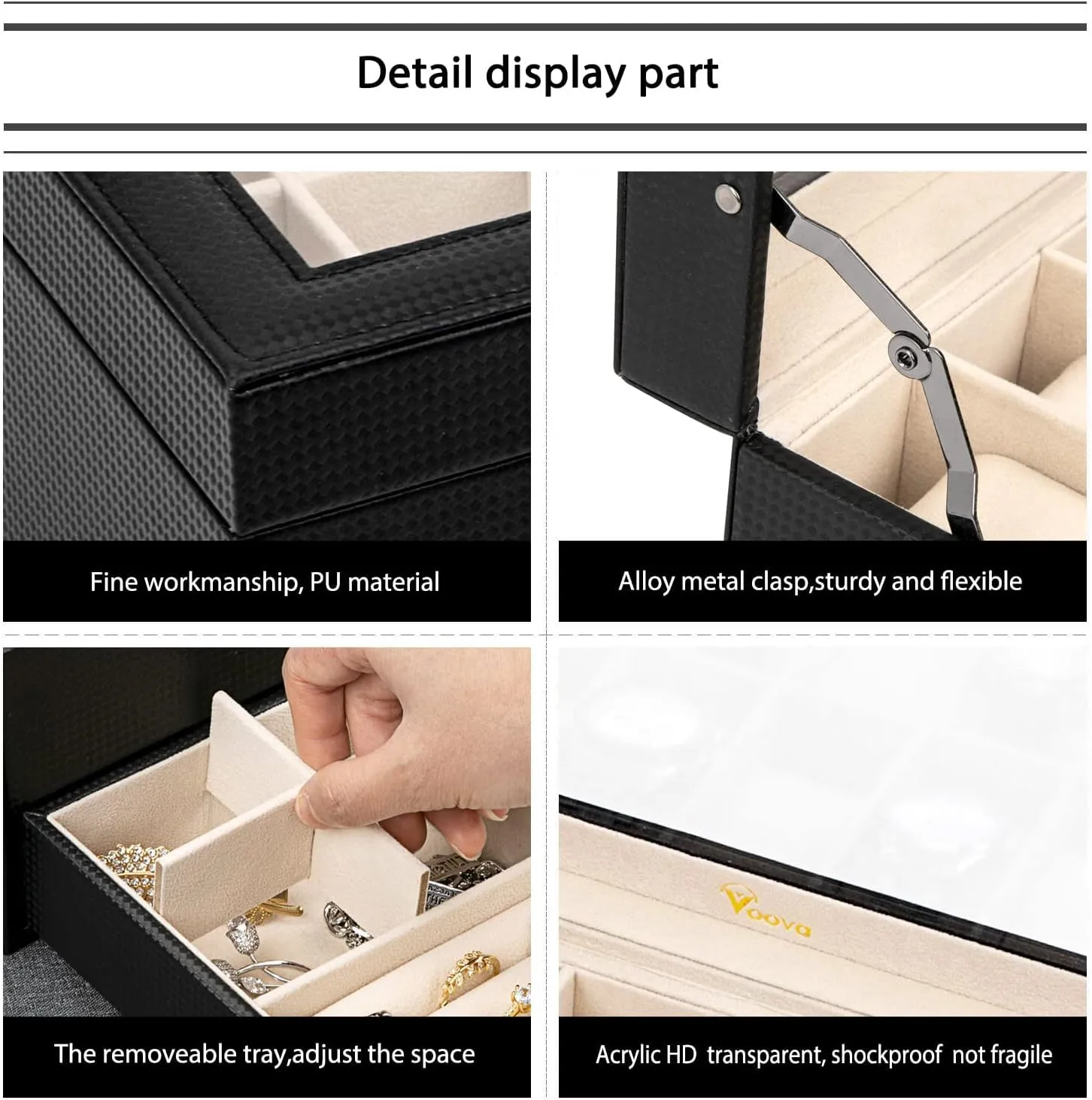 Voova Jewelry Box Organizer for Men Women, 2 Layer Large 12 Slot PU Leather Watch Storage Case, Glass Top Jewelry Display Holder for Watches Sunglasses Rings Necklaces Bracelets,Black