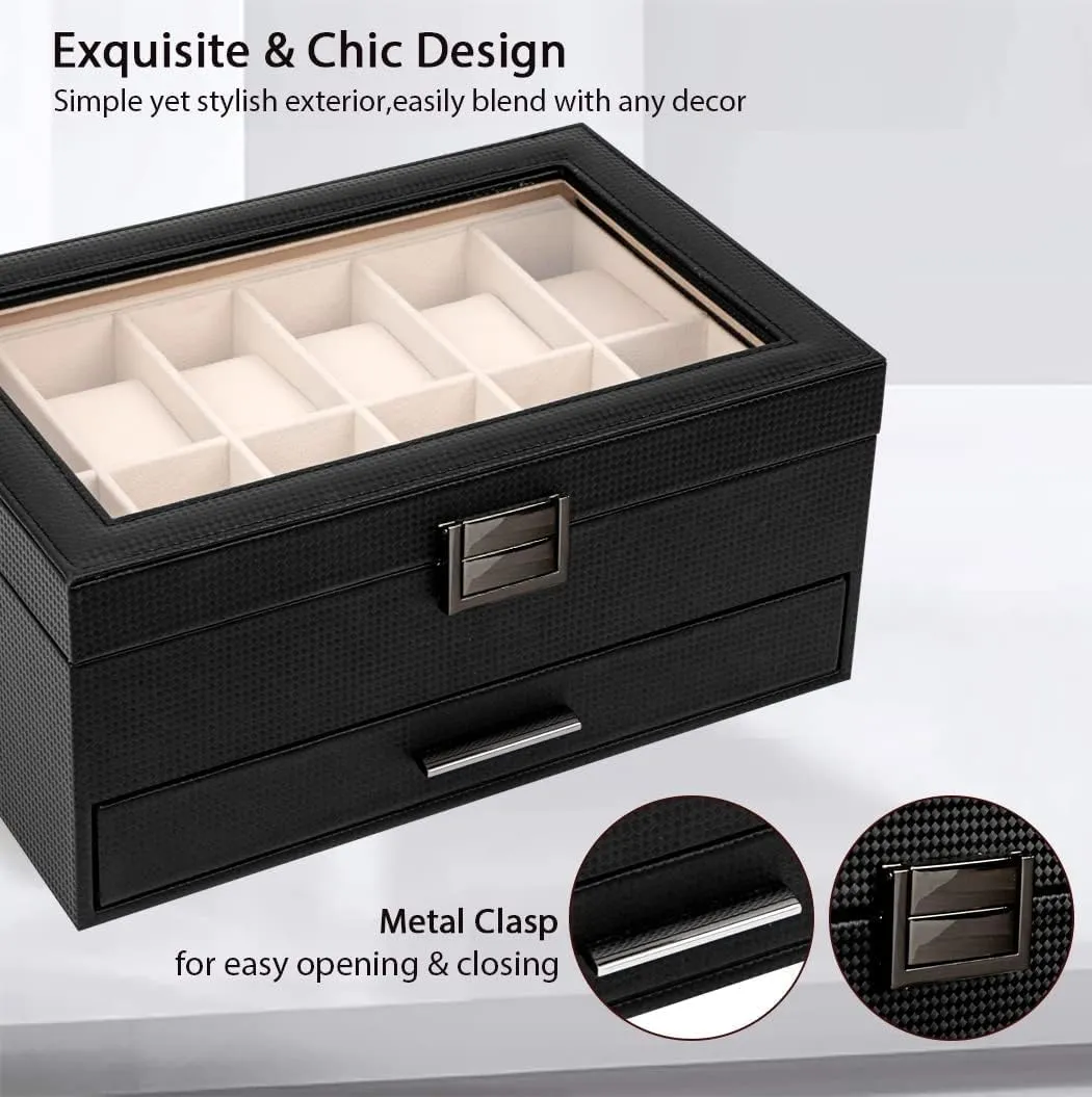 Voova Jewelry Box Organizer for Men Women, 2 Layer Large 12 Slot PU Leather Watch Storage Case, Glass Top Jewelry Display Holder for Watches Sunglasses Rings Necklaces Bracelets,Black