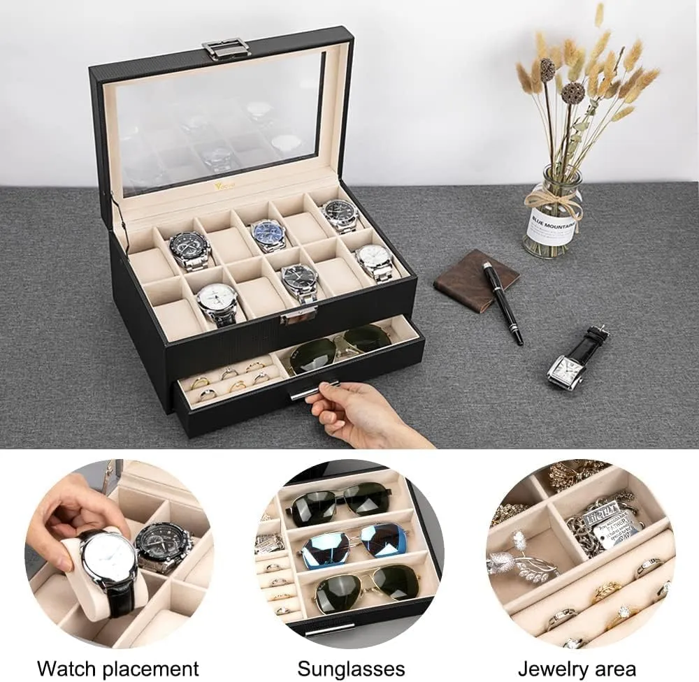 Voova Jewelry Box Organizer for Men Women, 2 Layer Large 12 Slot PU Leather Watch Storage Case, Glass Top Jewelry Display Holder for Watches Sunglasses Rings Necklaces Bracelets,Black