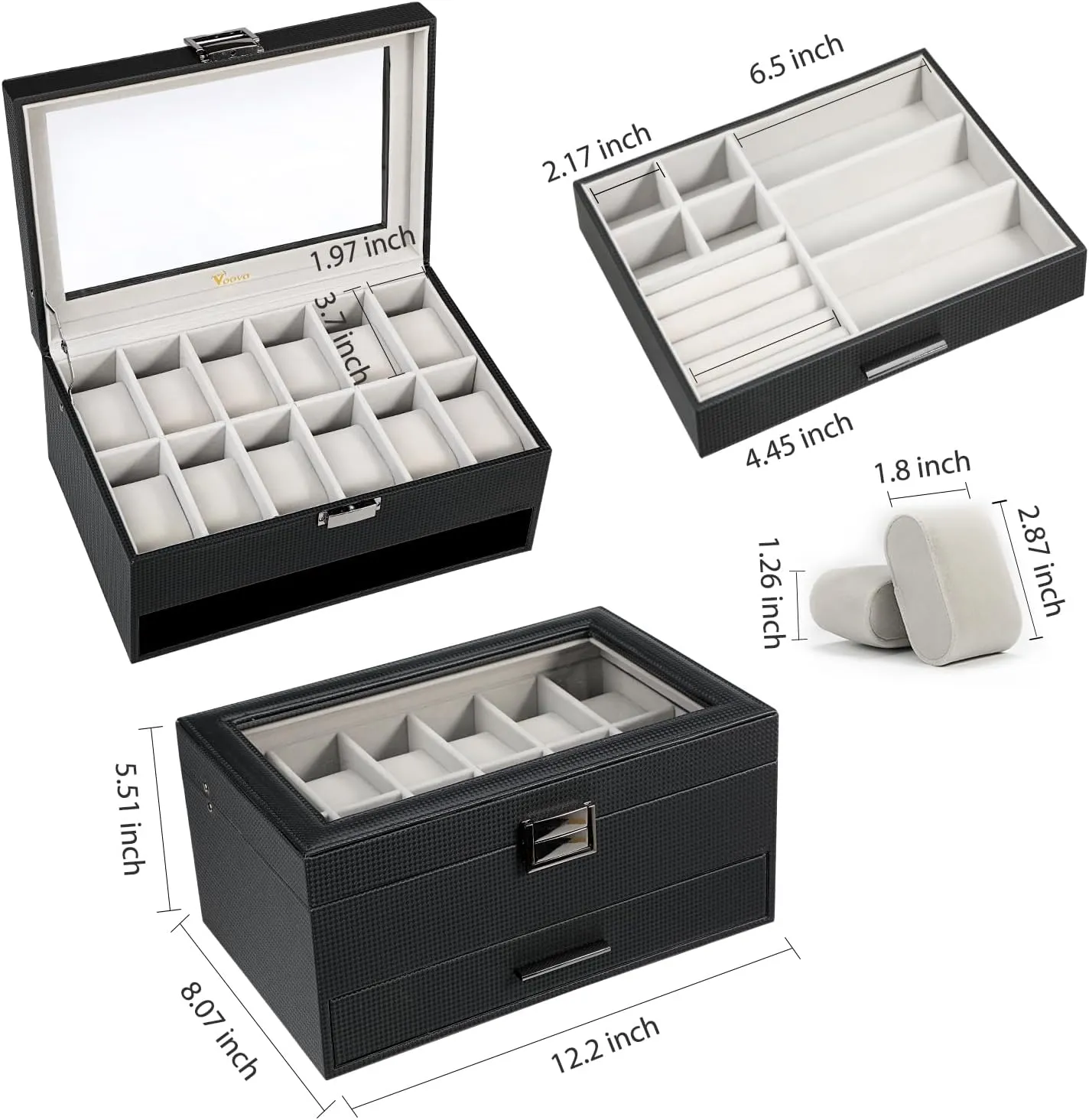 Voova Jewelry Box Watch Boxes Organizer for Men Women, 2 Layer Large 12 Slot PU Leather Watch Storage Case, Glass Top Jewelry Display Holder for Watches Sunglasses Rings Necklaces Bracelets,Black Grey