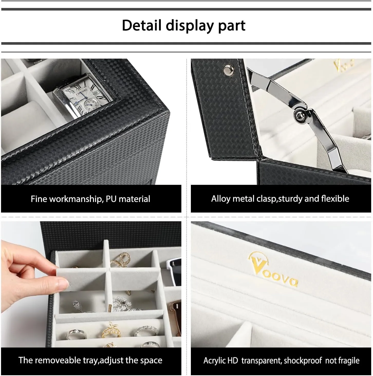 Voova Jewelry Box Watch Boxes Organizer for Men Women, 2 Layer Large 12 Slot PU Leather Watch Storage Case, Glass Top Jewelry Display Holder for Watches Sunglasses Rings Necklaces Bracelets,Black Grey