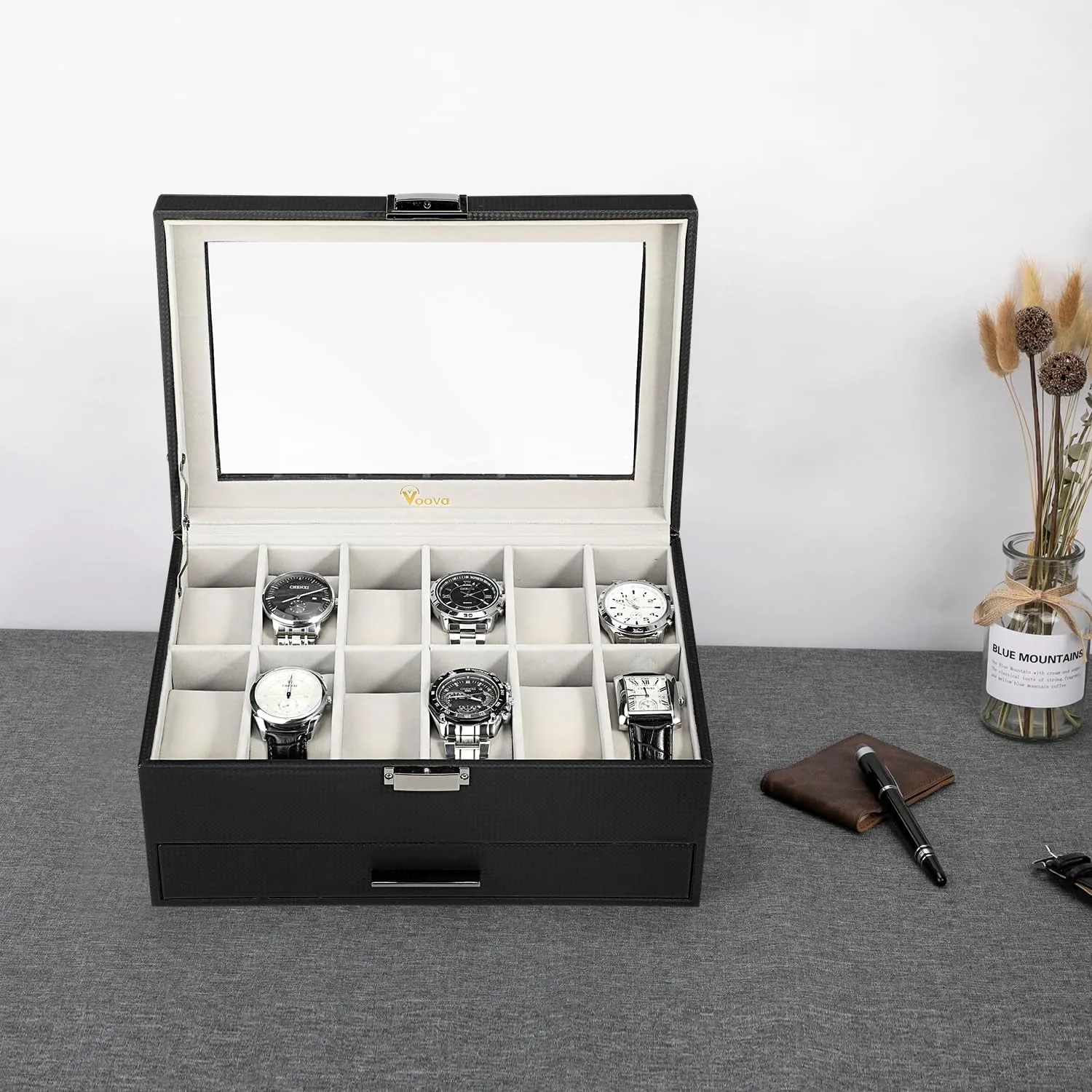 Voova Jewelry Box Watch Boxes Organizer for Men Women, 2 Layer Large 12 Slot PU Leather Watch Storage Case, Glass Top Jewelry Display Holder for Watches Sunglasses Rings Necklaces Bracelets,Black Grey