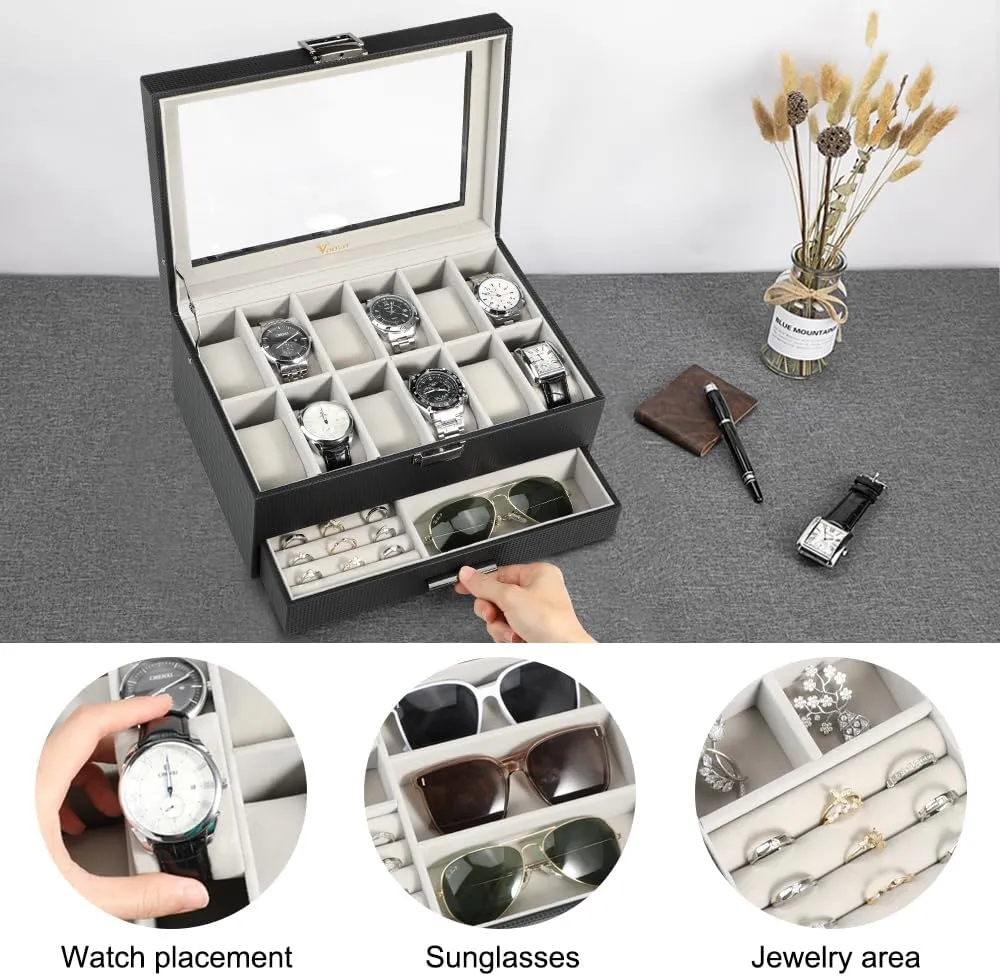 Voova Jewelry Box Watch Boxes Organizer for Men Women, 2 Layer Large 12 Slot PU Leather Watch Storage Case, Glass Top Jewelry Display Holder for Watches Sunglasses Rings Necklaces Bracelets,Black Grey