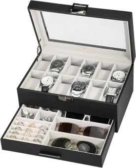 Voova Jewelry Box Watch Boxes Organizer for Men Women, 2 Layer Large 12 Slot PU Leather Watch Storage Case, Glass Top Jewelry Display Holder for Watches Sunglasses Rings Necklaces Bracelets,Black Grey