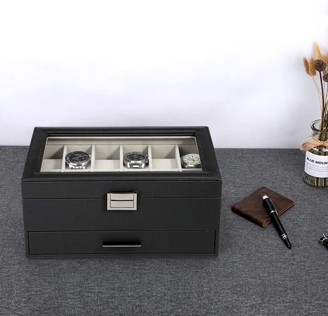 Voova Jewelry Box Watch Boxes Organizer for Men Women, 2 Layer Large 12 Slot PU Leather Watch Storage Case, Glass Top Jewelry Display Holder for Watches Sunglasses Rings Necklaces Bracelets,Black Grey