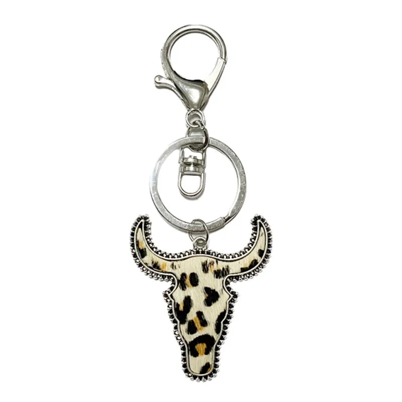 Wholesale 2pcs Leopard Bull Head Vintage Genuine Leather Cow Pattern Western Style Keychains