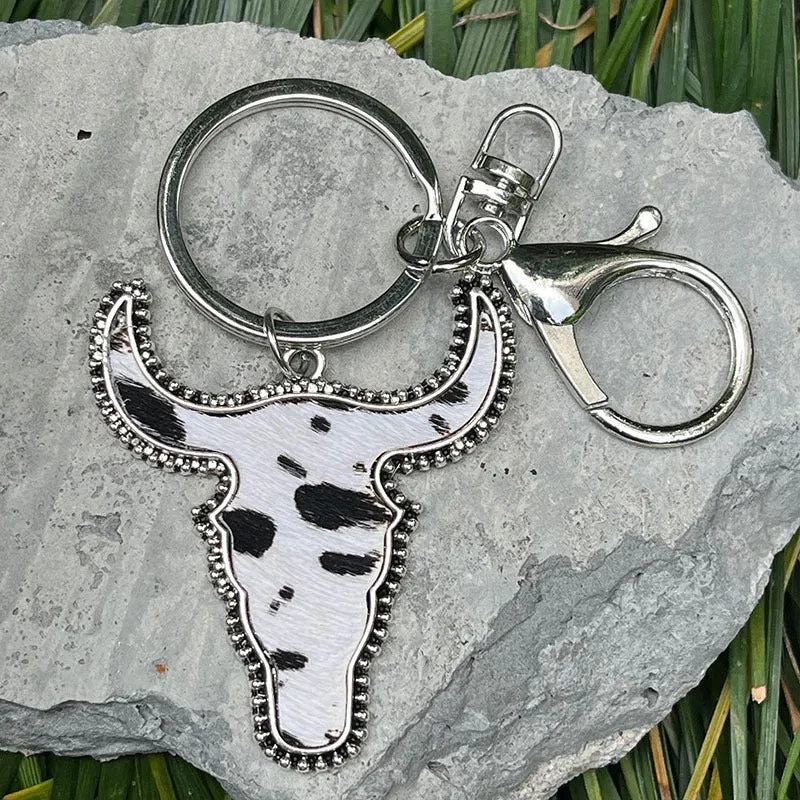 Wholesale 2pcs Leopard Bull Head Vintage Genuine Leather Cow Pattern Western Style Keychains