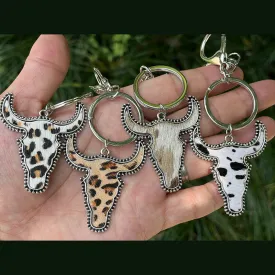 Wholesale 2pcs Leopard Bull Head Vintage Genuine Leather Cow Pattern Western Style Keychains