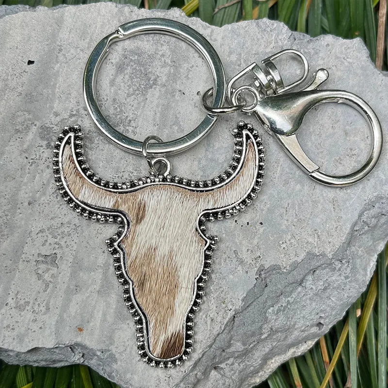 Wholesale 2pcs Leopard Bull Head Vintage Genuine Leather Cow Pattern Western Style Keychains