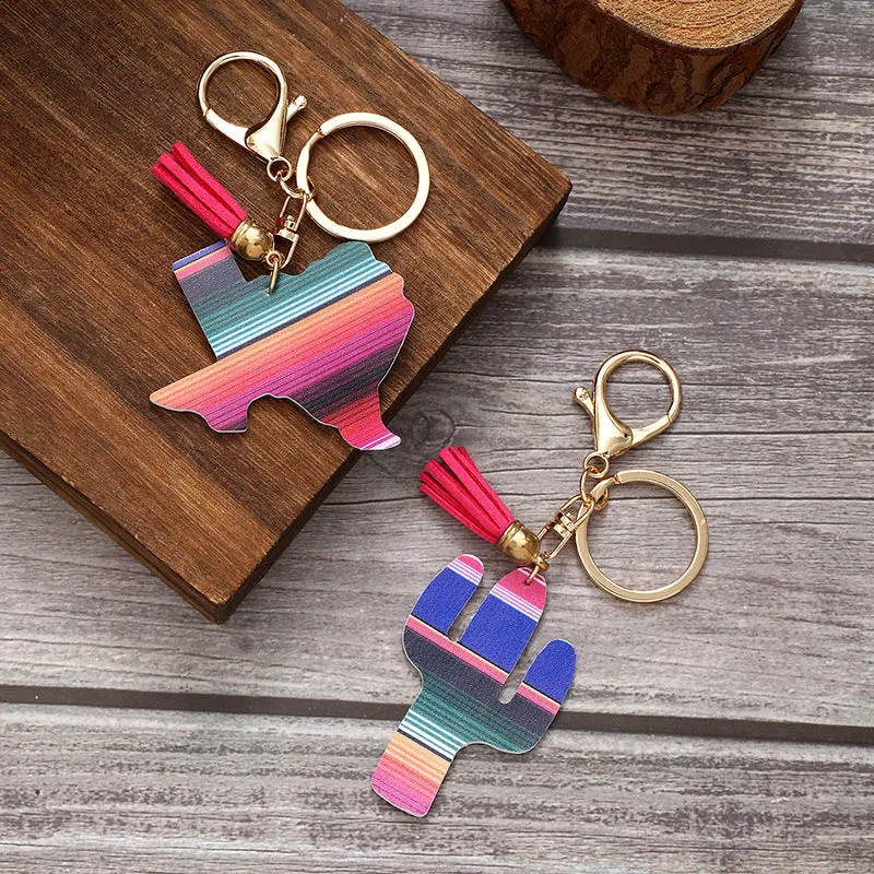 Wholesale Tassel Rainbow Cactus Leather Keychain